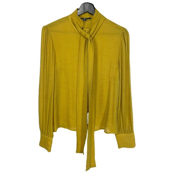 Lulus Chartreuse Gauze Long Sleeve Button Up Neck Tie Top Small - Picture 1 of 10